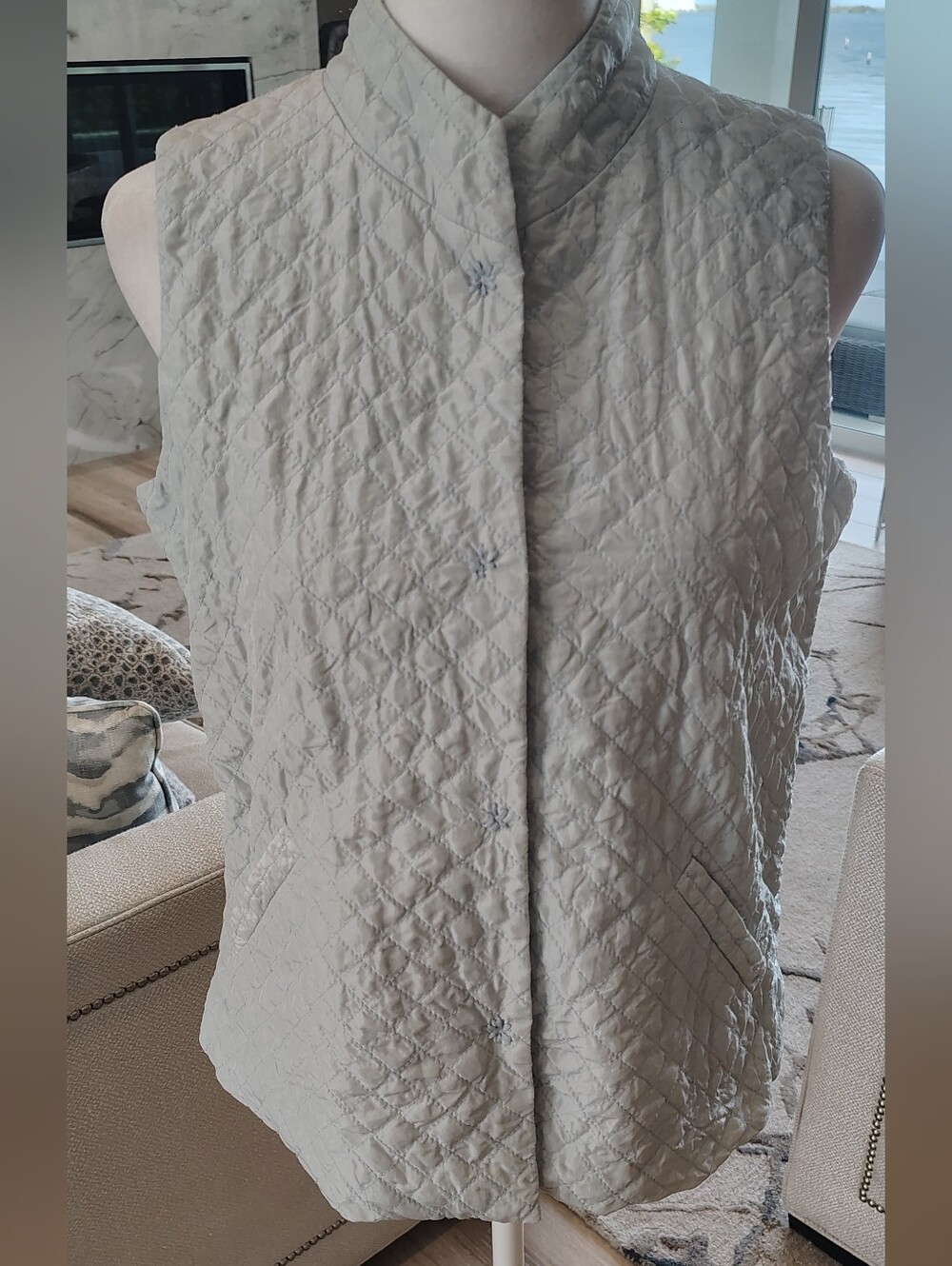 Eileen Fisher Mint Green Silk Quilted Snap Front Vest With Flower Embroidery